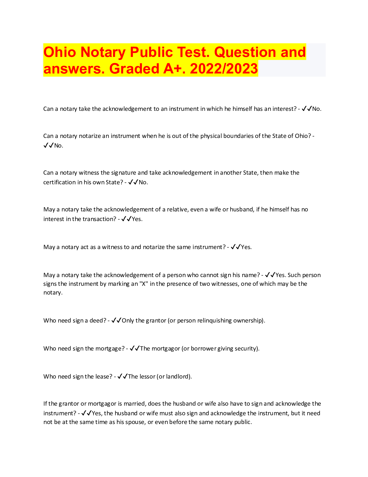 Ohio Notary Public Test. Question and answers. Graded A+. 2022/2023